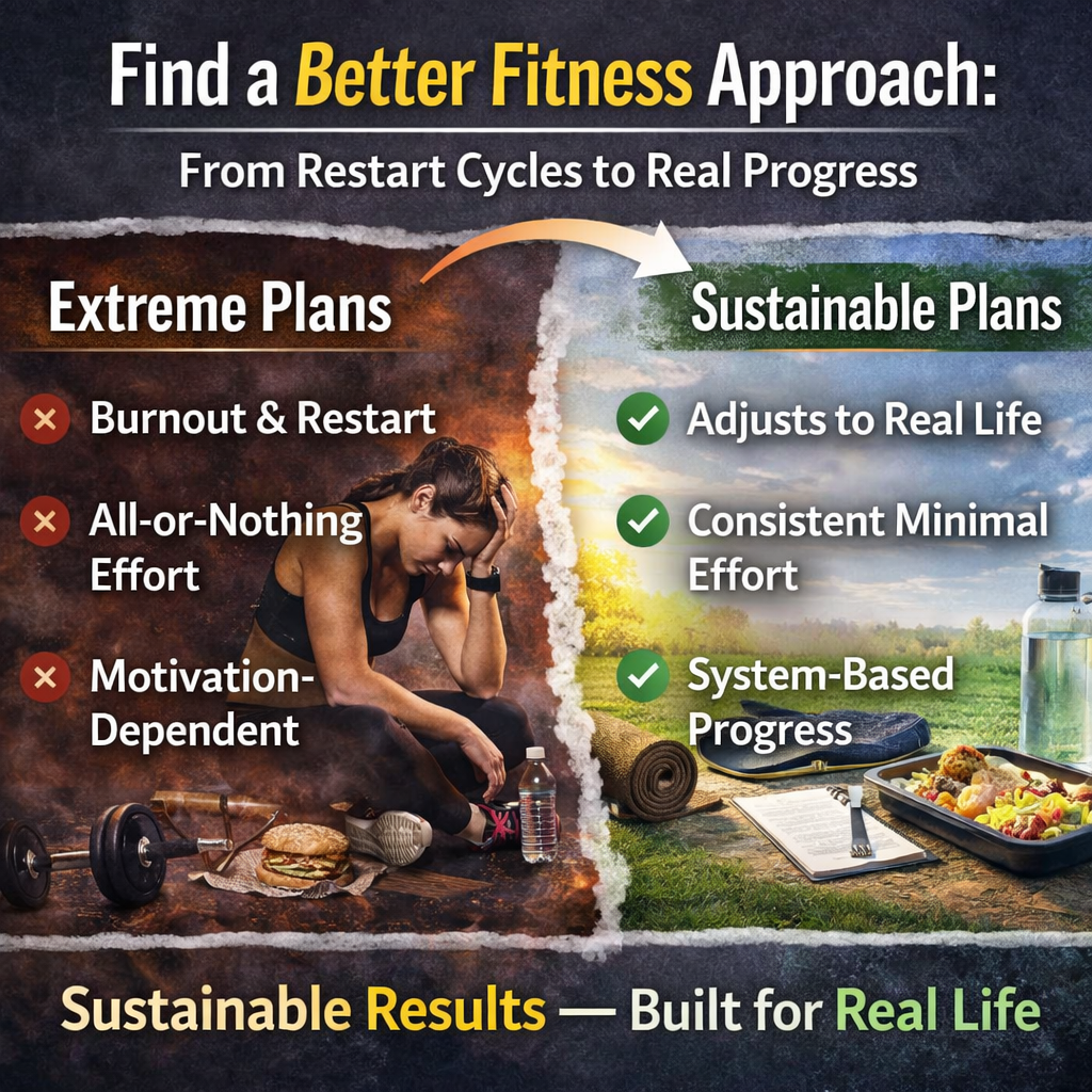 Comparison of extreme all-in fitness plans versus sustainable fitness systems, showing why all-or-nothing workouts lead to burnout and how real-life fitness plans support long-term fat loss and consistency