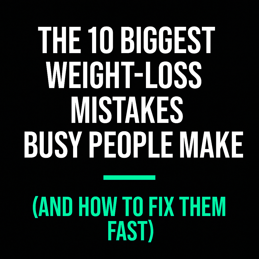 Title graphic reading ‘The 10 Biggest Weight-Loss Mistakes Busy People Make (And How to Fix Them Fast)’ on a black background with bold white and green text — Fit Mode Digital blog image for weight-loss tips for busy people.
