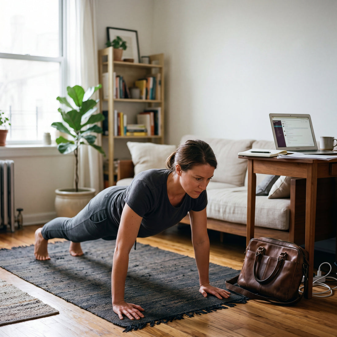 Busy professional doing a home workout on a mat in a living room for a minimum effective dose fitness routine.