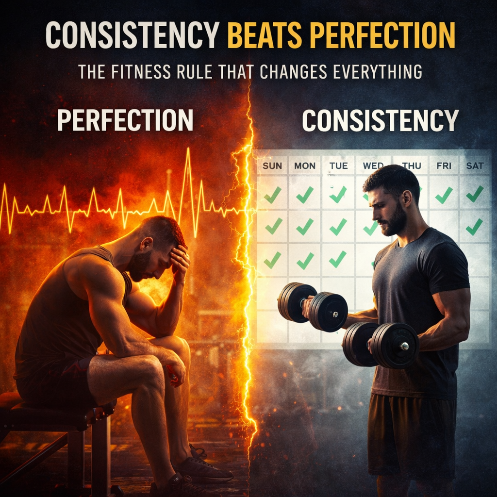 Consistency beats perfection fitness graphic showing long-term workout consistency vs perfection.