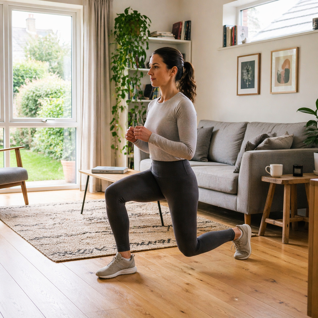 Woman doing bodyweight workout at home — at home workout routine for busy professionals