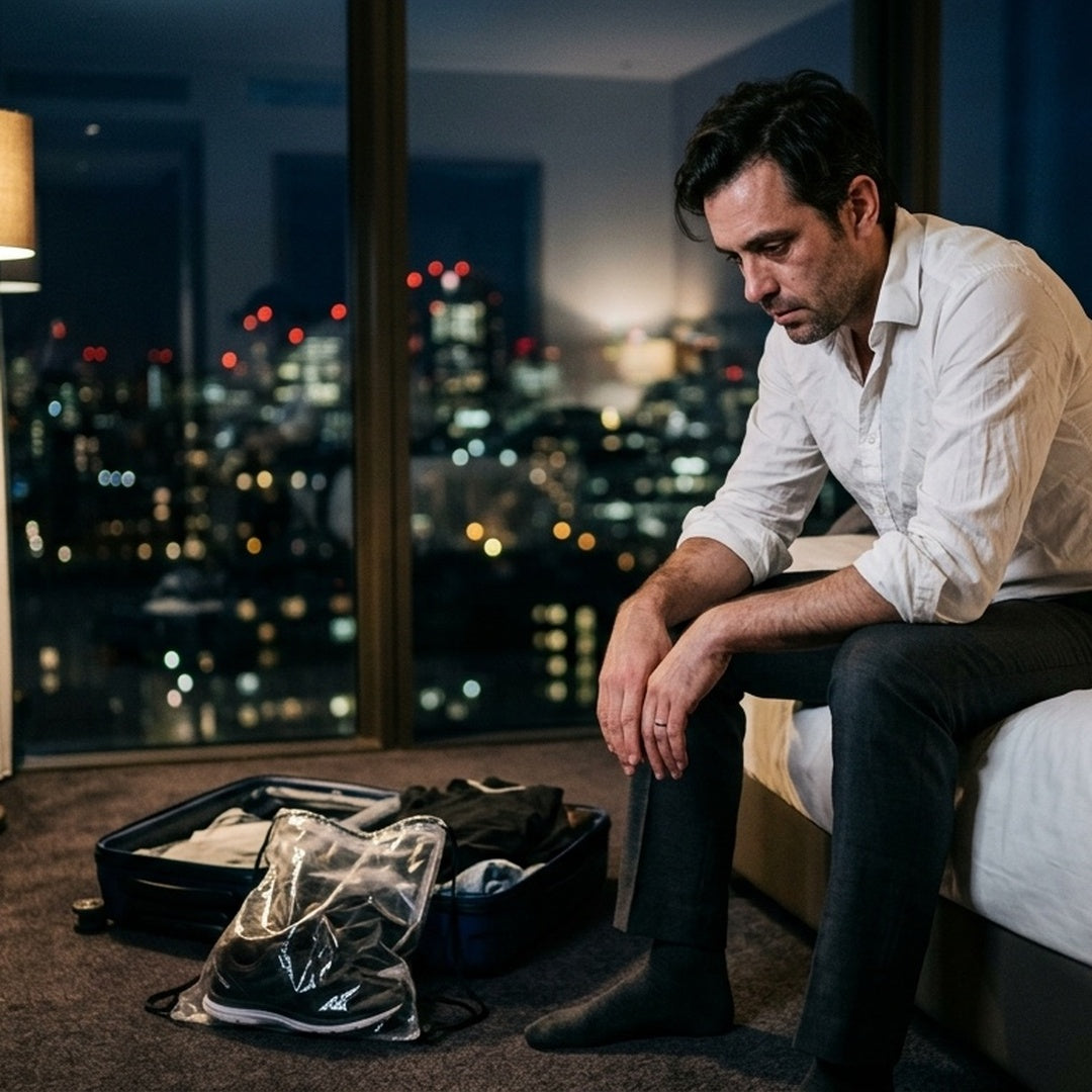 Exhausted business traveler on a hotel bed with running shoes still packed — how to stay fit when traveling for work | Fit Mode Digital.