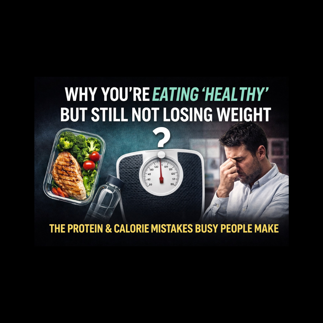 Busy professional eating healthy meals but not losing weight, illustrating protein and calorie mistakes that prevent fat loss despite clean eating.