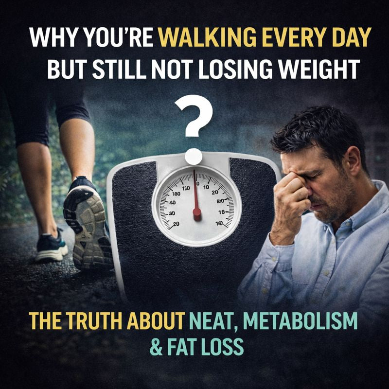 Why you’re walking every day but still not losing weight, showing daily walking, a bathroom scale, and stress—explaining NEAT, metabolism, and fat loss mistakes busy people make