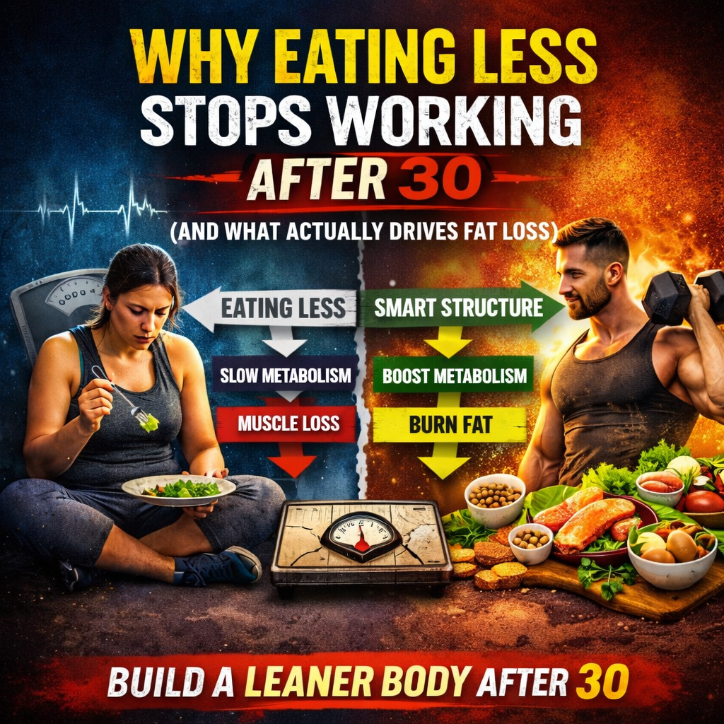 Why eating less stops working after 30, showing calorie restriction vs smart structure, metabolism boost, protein-focused nutrition, and sustainable fat loss results