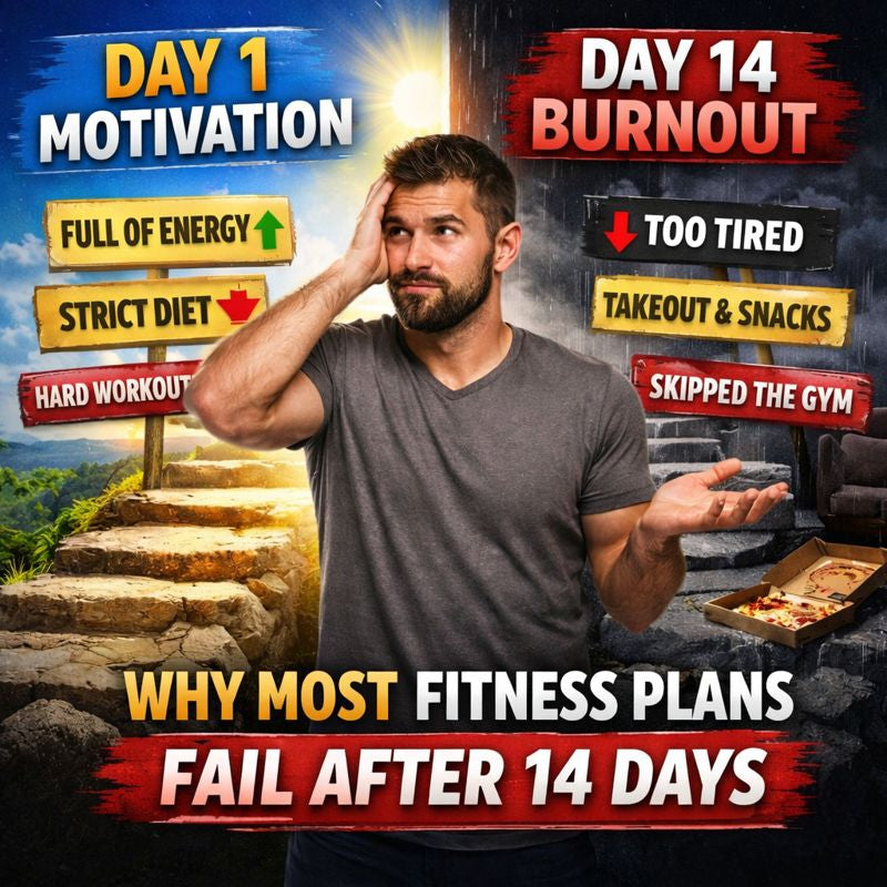 Visual comparison of fitness motivation on day 1 versus burnout by day 14, showing how strict diets and hard workouts fail without structure, and why sustainable fitness systems work better for long-term consistency.