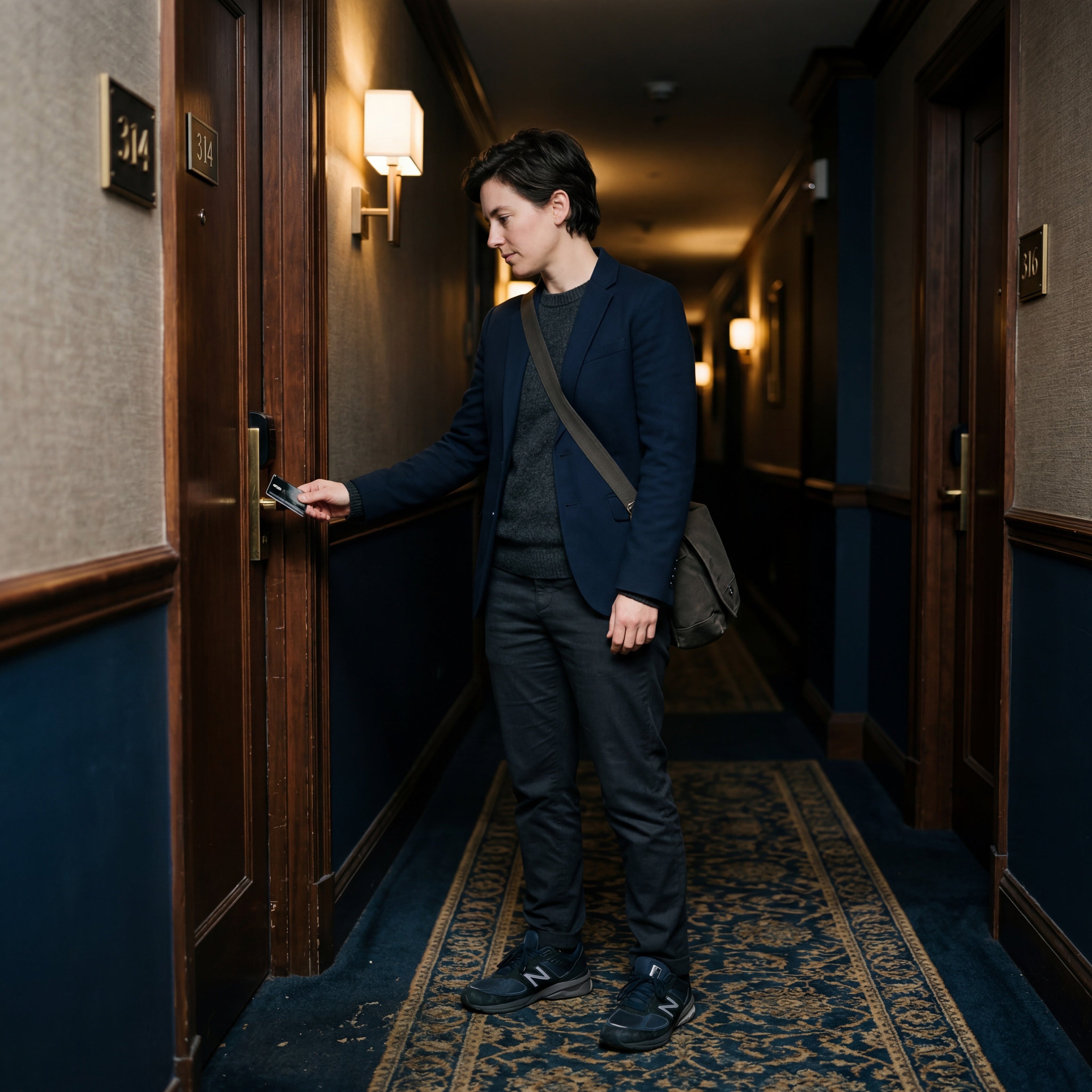 Business traveler entering a hotel room during a work trip, showing how to stay fit while traveling for work without a gym