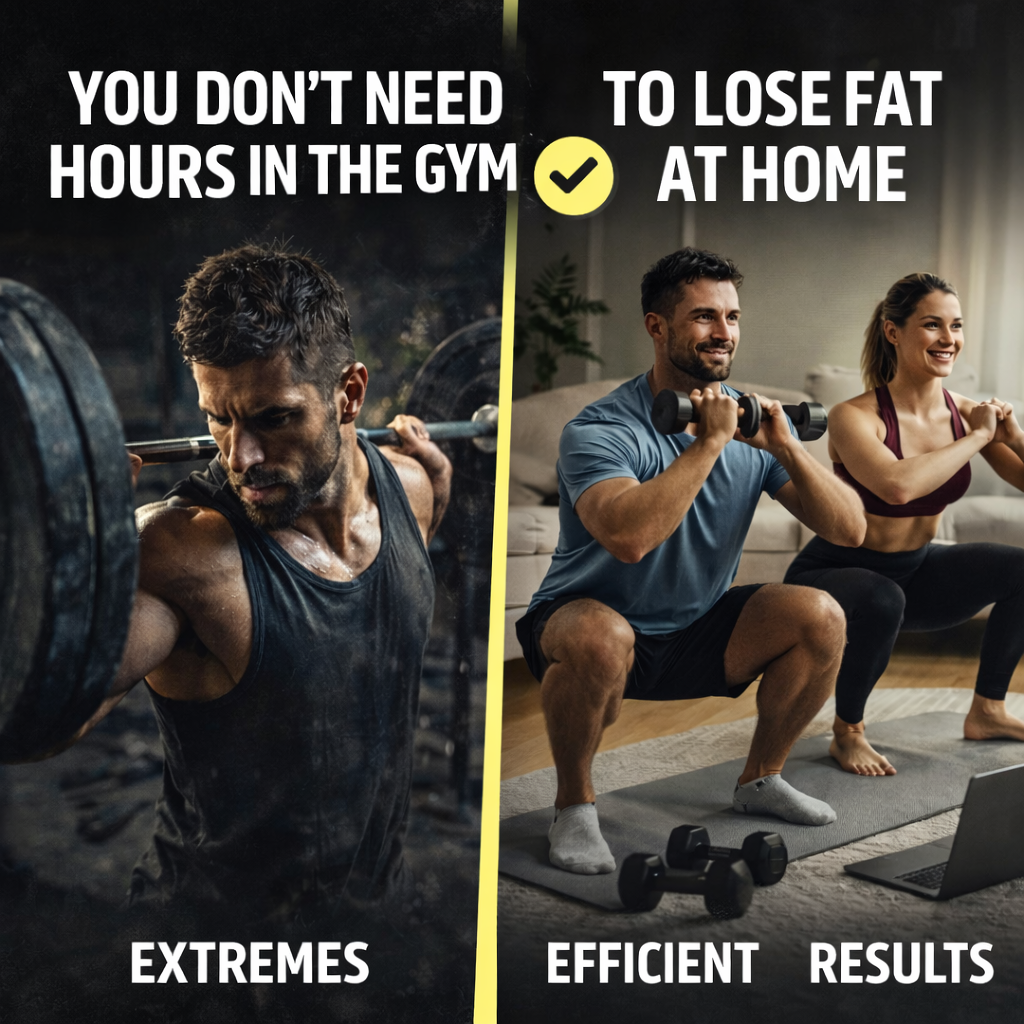 Comparison showing gym-based extreme workouts versus efficient at-home fat loss workouts, illustrating how to lose fat at home without spending hours in the gym.