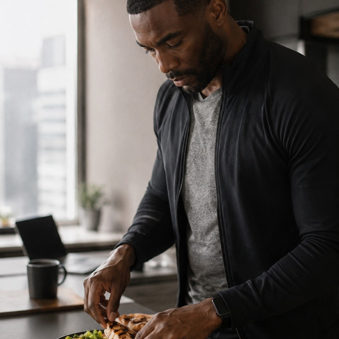  Busy professional in workout clothes prepping a high-protein meal in a modern kitchen before work