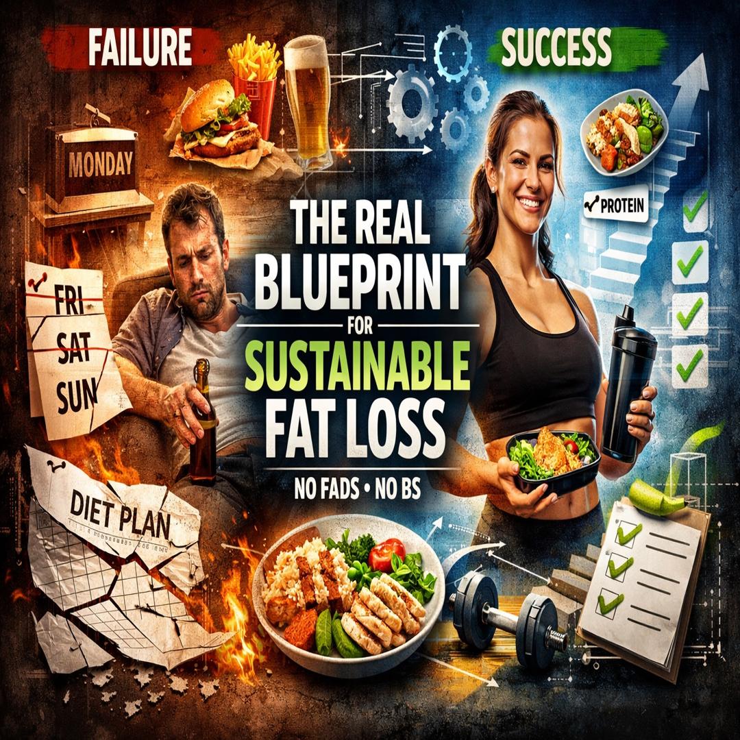 Sustainable fat loss system showing why strict diet plans fail and how simple structure and consistency create long term results.