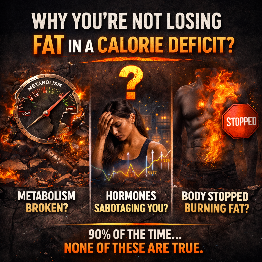 Why you’re not losing fat in a calorie deficit infographic explaining weight loss plateau reasons, metabolism myths, hormone misconceptions, and why body fat loss stalls despite tracking calories.