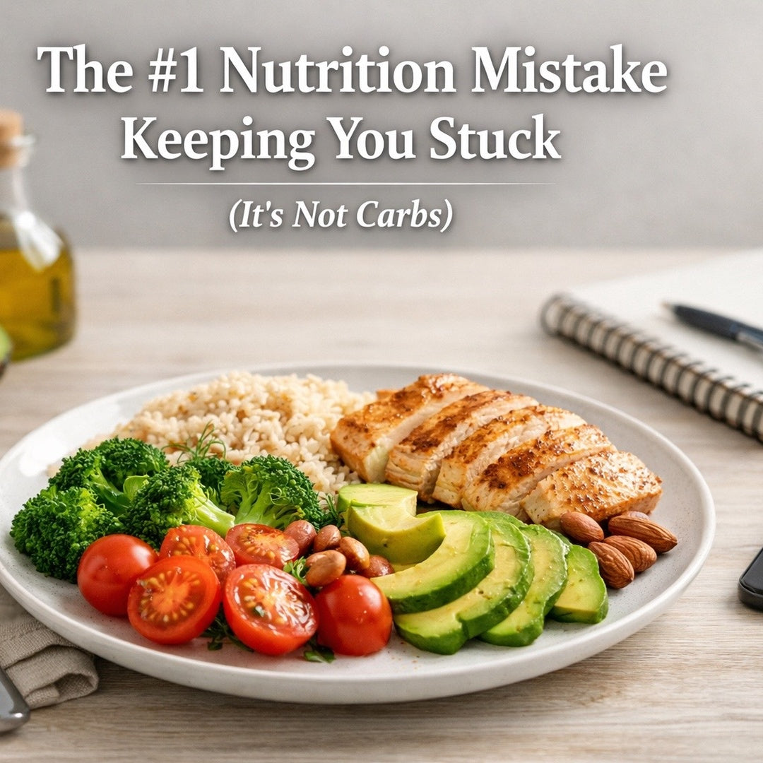 Balanced macro-friendly meal plate with chicken, rice, avocado, vegetables, and healthy fats, illustrating calorie awareness, sustainable fat loss, and macro tracking for beginners without cutting carbs