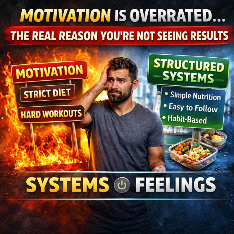 Comparison image illustrating why fitness motivation alone fails, showing the difference between motivation-based fitness plans and structured systems designed to improve consistency and long-term workout results.