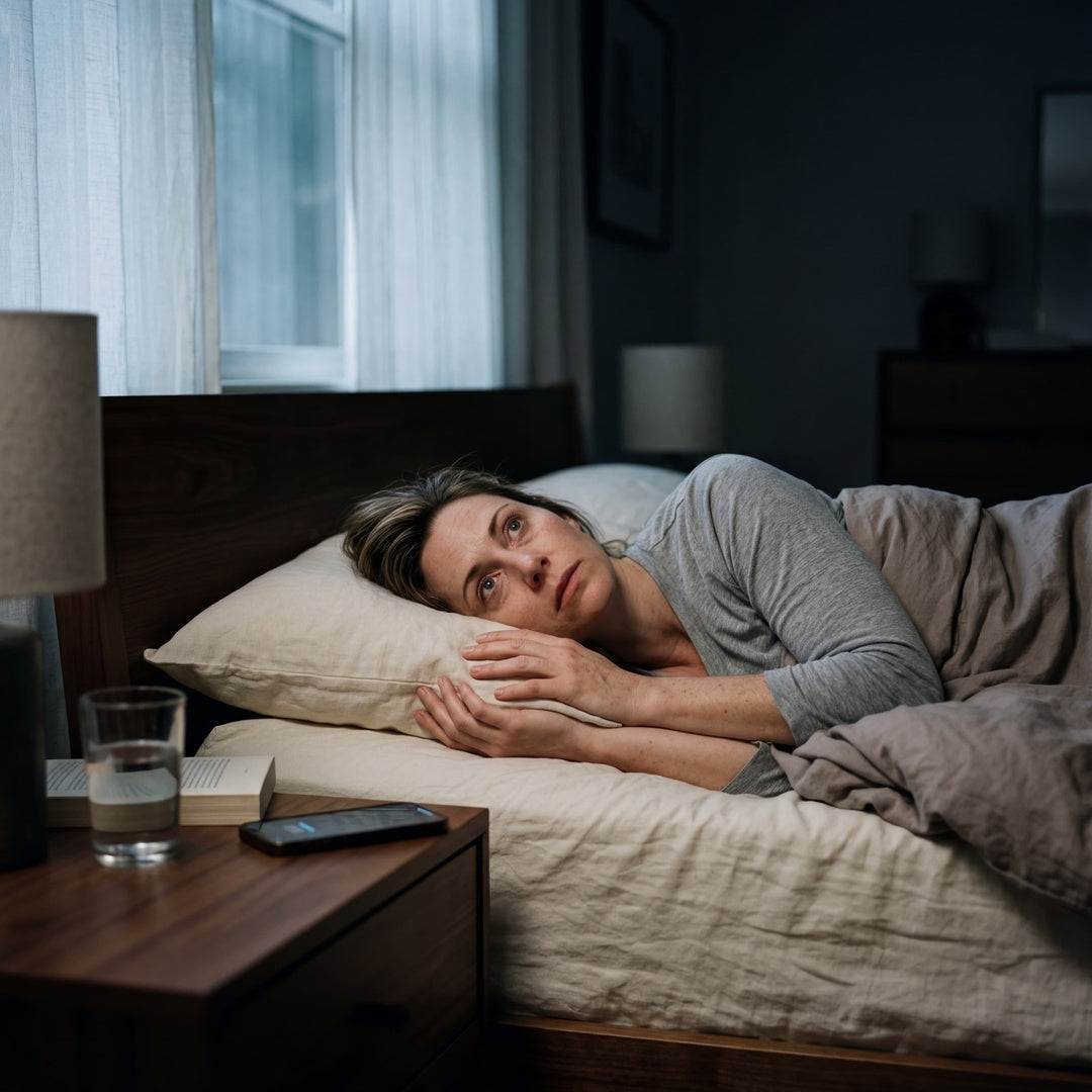 A 39-year-old professional lying awake at 3:47am staring at the ceiling — the sleep debt moment behind the scale that won't move.