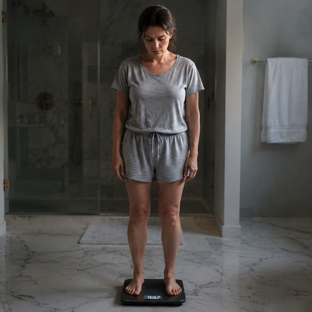 t: A 39-year-old professional standing on a bathroom scale at 6am, staring at the number that hasn't moved in nine weeks — the moment most operators realize the scale isn't broken, their cortisol is.