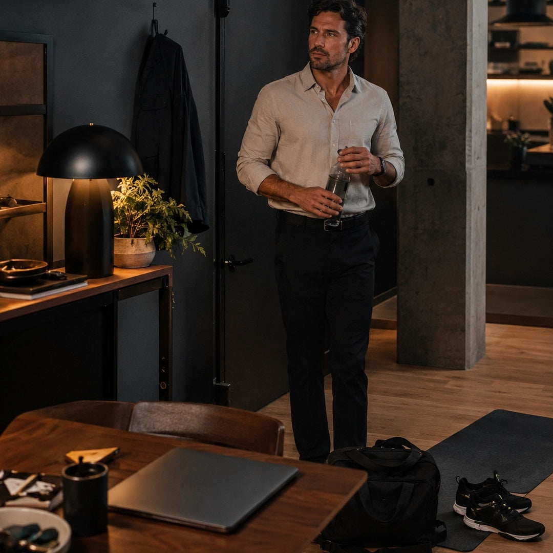 Busy professional at home after work with training shoes, workout mat, and laptop, showing a realistic fitness routine for a busy schedule.