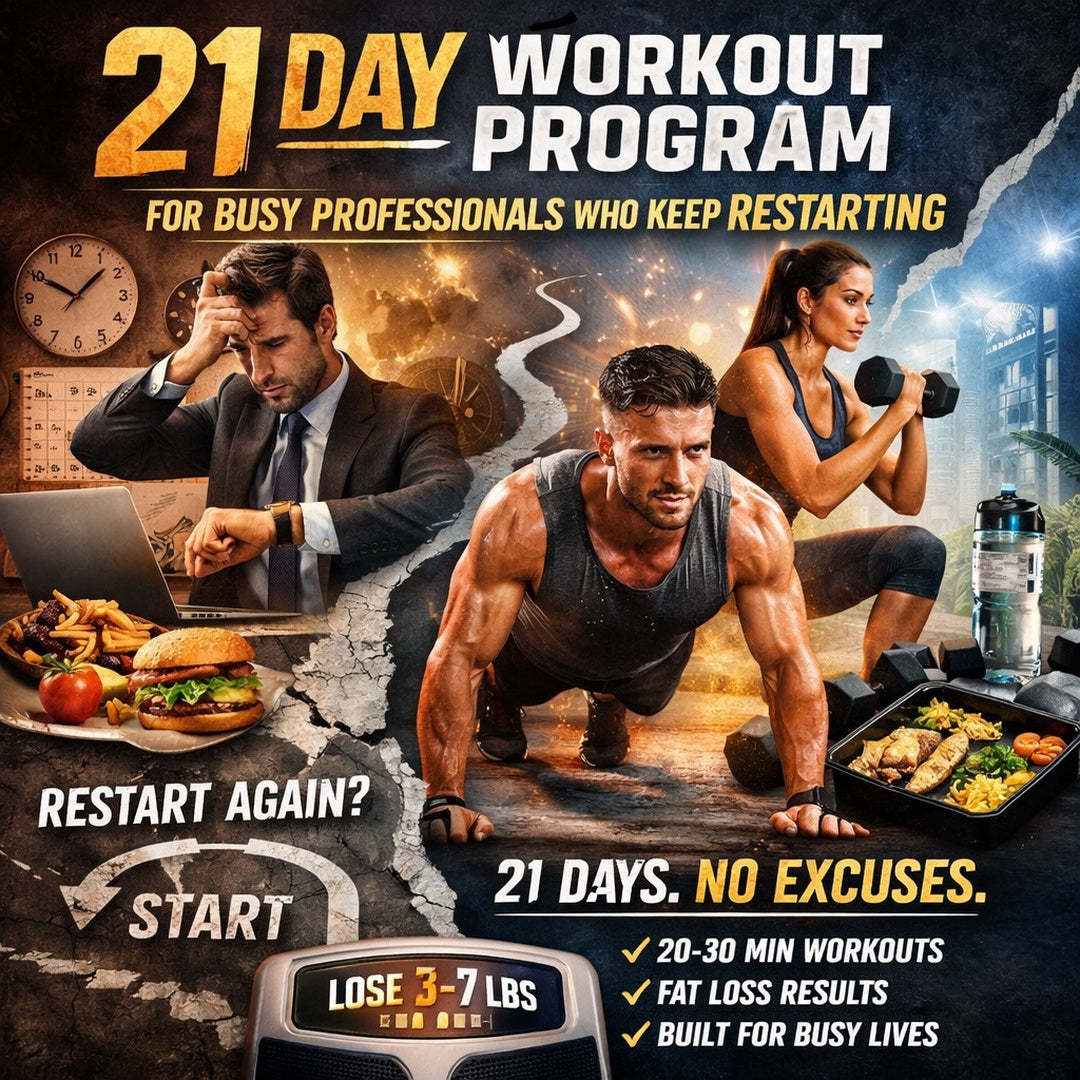 21 day workout program for busy professionals featuring structured at home fat loss plan with 20 to 30 minute workouts, weight loss meal prep, and pressure proof fitness system designed to stop restarting