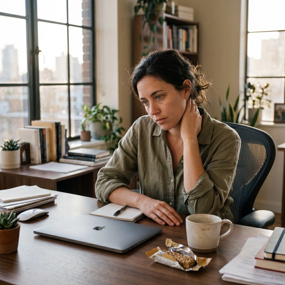 Busy professional experiencing an afternoon energy crash at her desk, illustrating the 4 PM productivity slump.