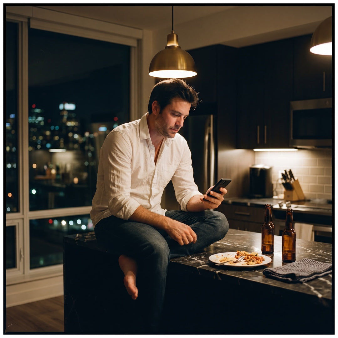 Busy professional eating late at night while checking phone, showing real-life challenges with consistency, nutrition, and fat loss