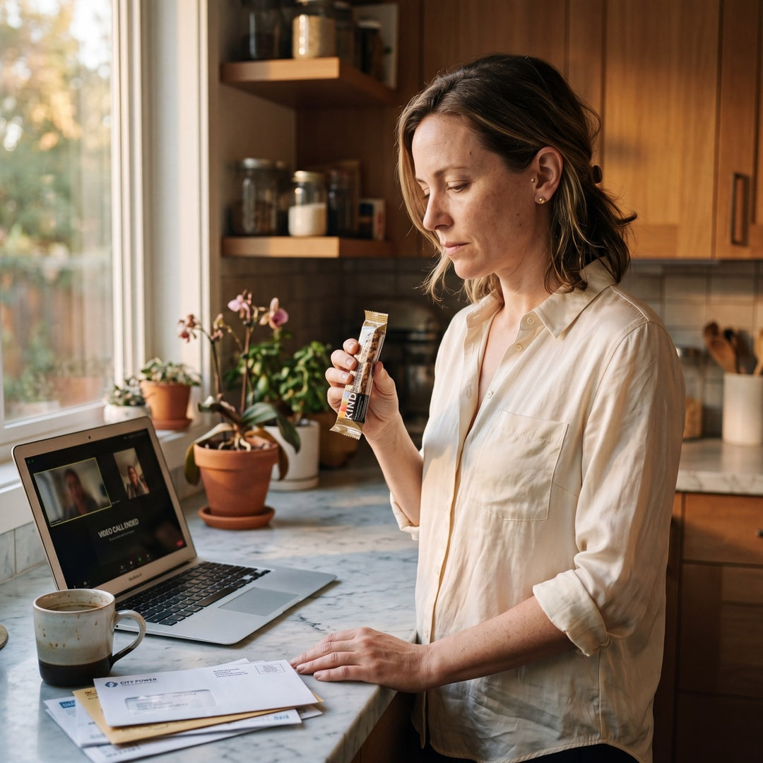 A 38-year-old professional at her kitchen counter at 4:30pm, frazzled, staring at a granola bar, the moment a quiet protein deficit shows up as mood, energy, and the hangry edge most busy professionals know too well.