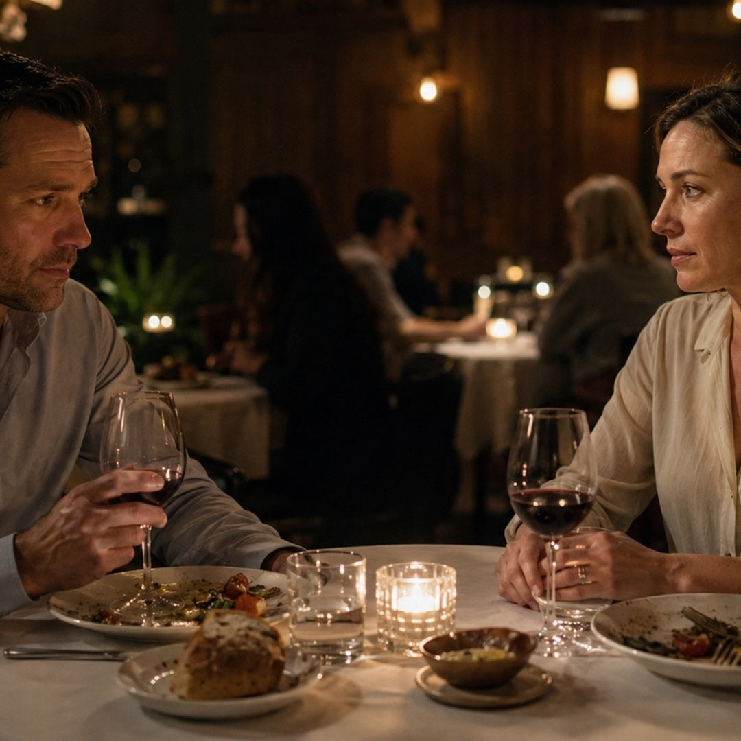 Two professionals at a quiet dinner table, mid-conversation about GLP-1 muscle loss and strength training.