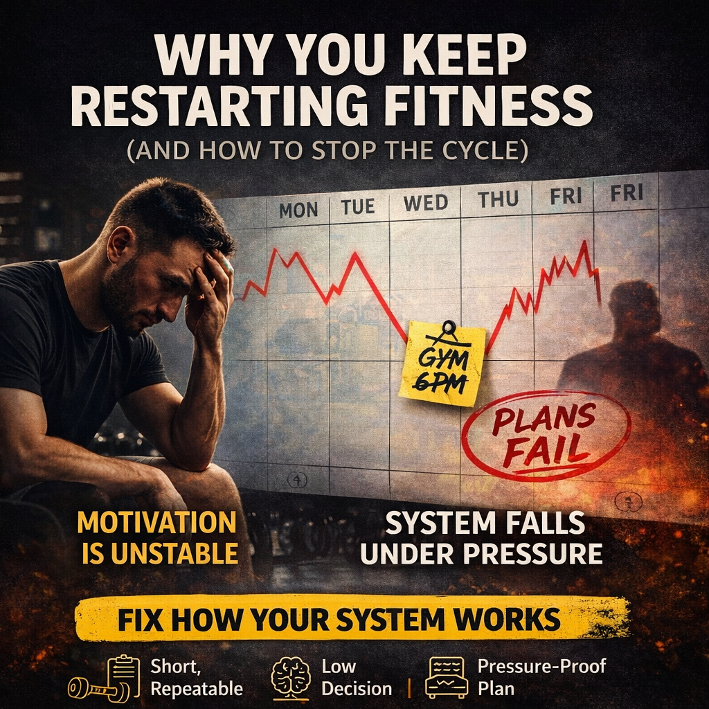 Why you keep restarting fitness illustrations showing motivation dropping during the week and a workout plan failing under pressure for busy professionals trying to stay consistent.