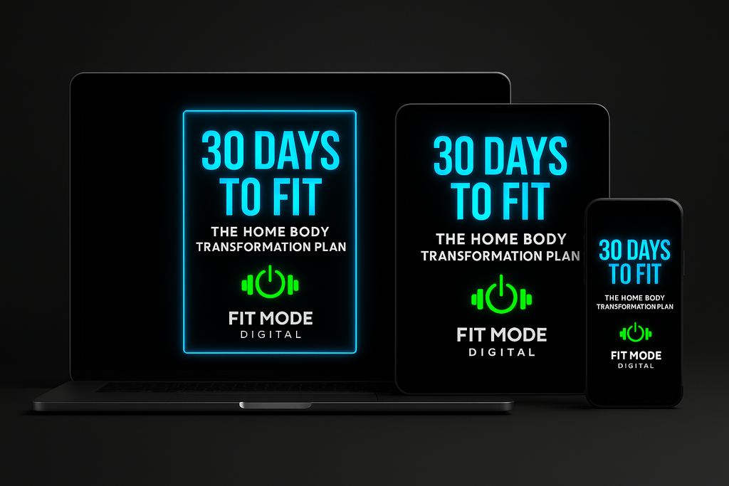 0 Days To Fit’ digital home-body transformation program displayed across laptop, tablet, and smartphone devices — neon blue and green Fit Mode Digital branding showcasing the full at-home fitness workout plan, accessible on any device