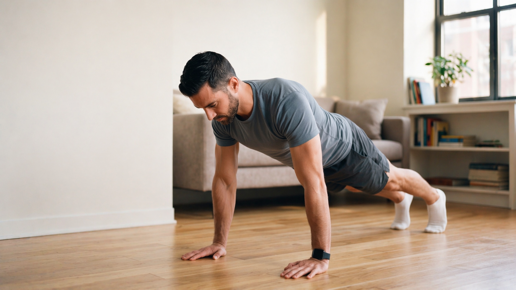 Busy professional doing a bodyweight push-up workout at home in a living room