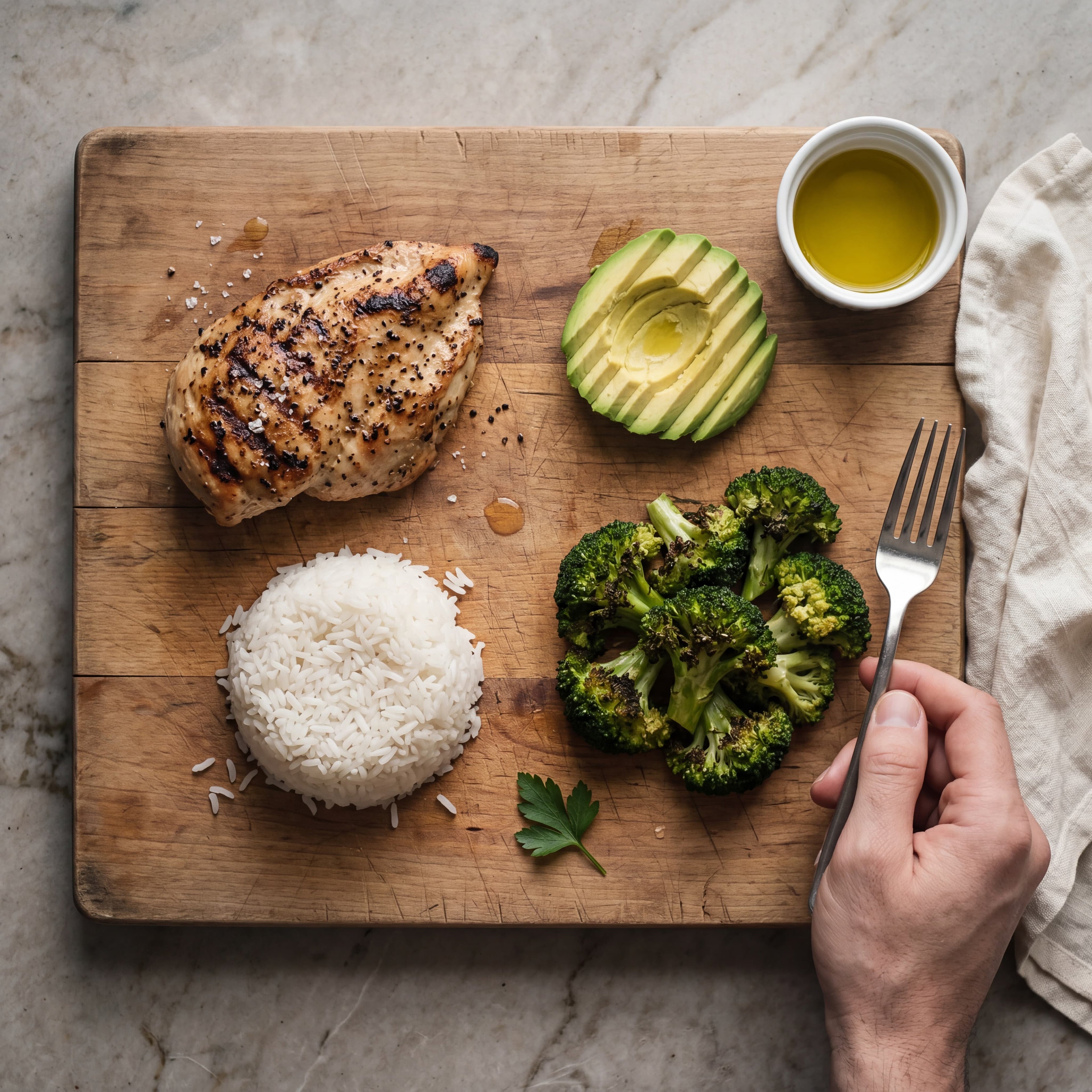Macro-balanced plate of grilled chicken, jasmine rice, broccoli and avocado from the Fit Mode Fuel meal plan