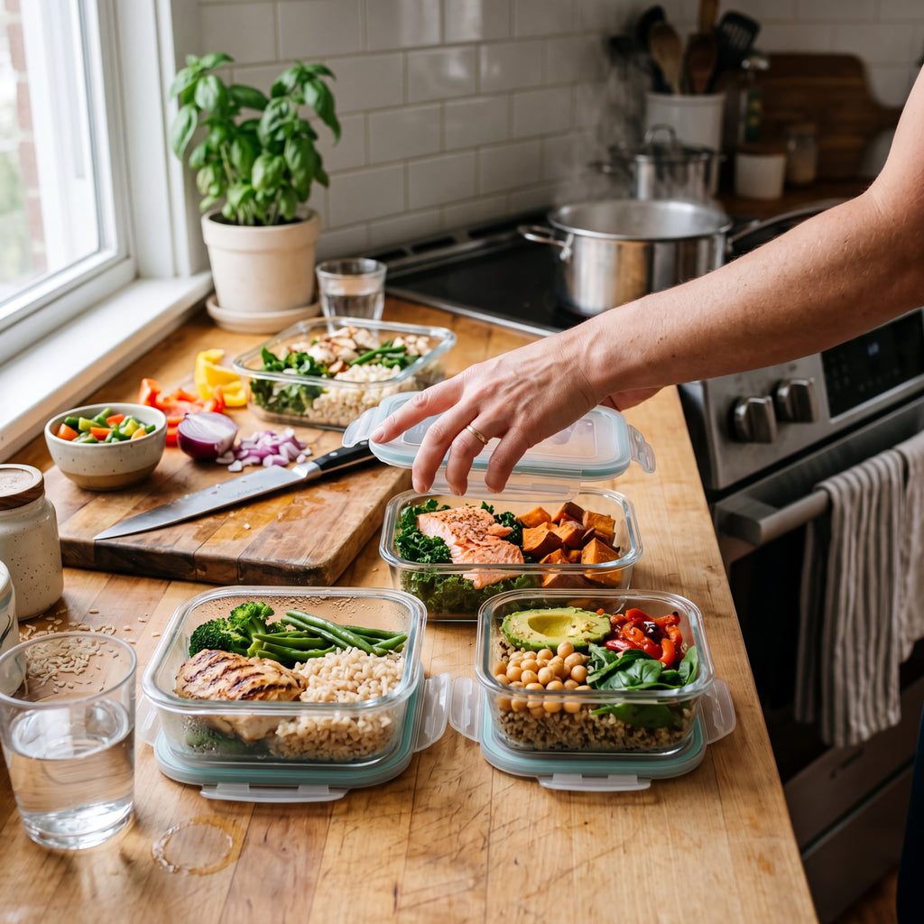 Healthy meal-prep containers portioned for a busy week with the Fit Mode Fuel meal system
