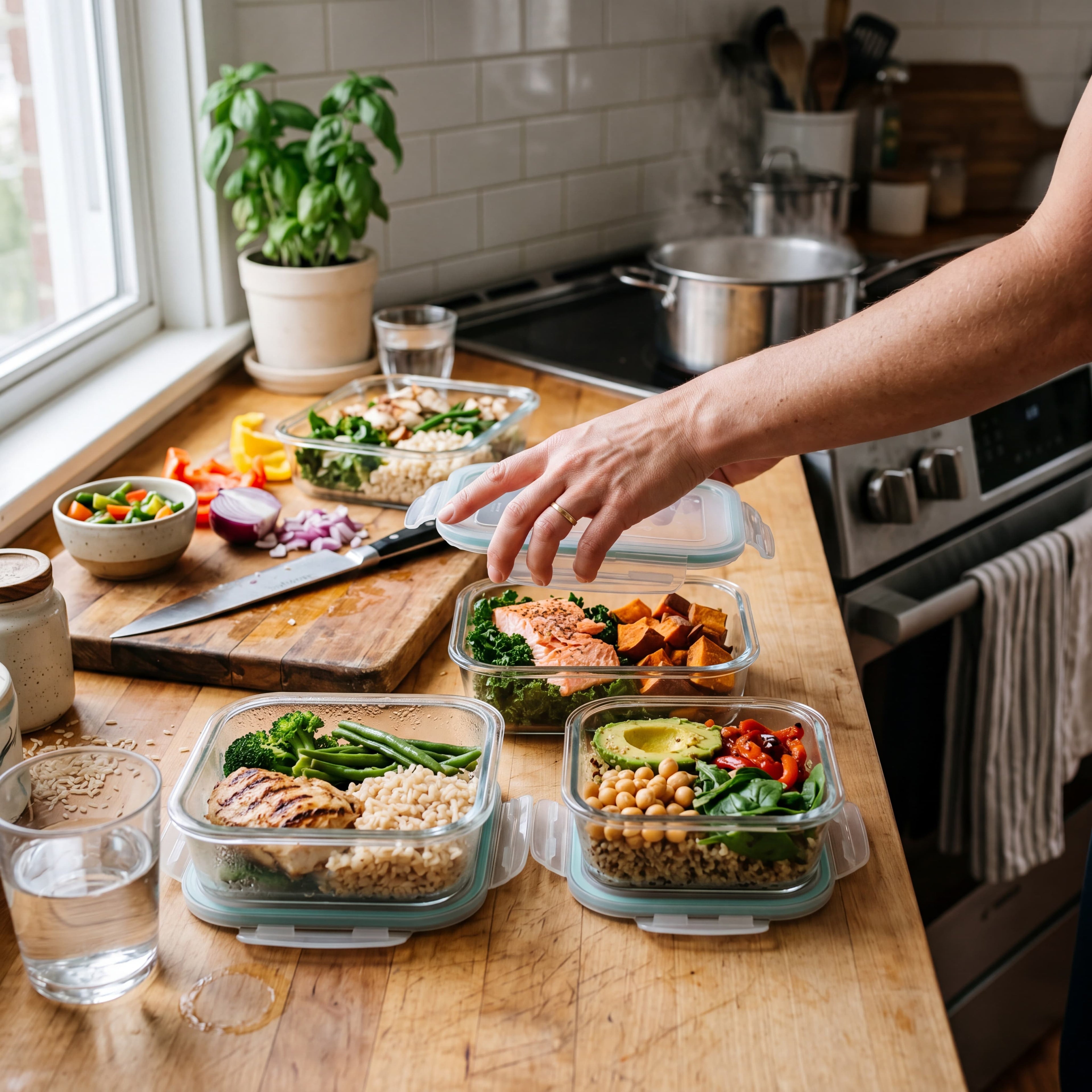 Healthy meal-prep containers portioned for a busy week with the Fit Mode Fuel meal system
