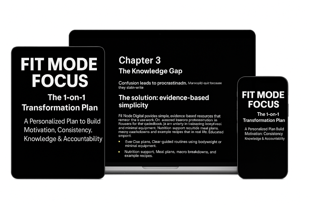 Fit Mode Focus 1-on-1 Transformation Plan displayed across laptop, tablet, and phone showing a chapter preview about evidence-based simplicity, motivation, and consistency.