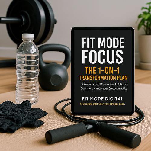 Fit Mode Focus — The 1-on-1 Transformation Plan displayed on a tablet with at-home fitness equipment (jump rope, dumbbells, water bottle). Digital fitness coaching ebook.