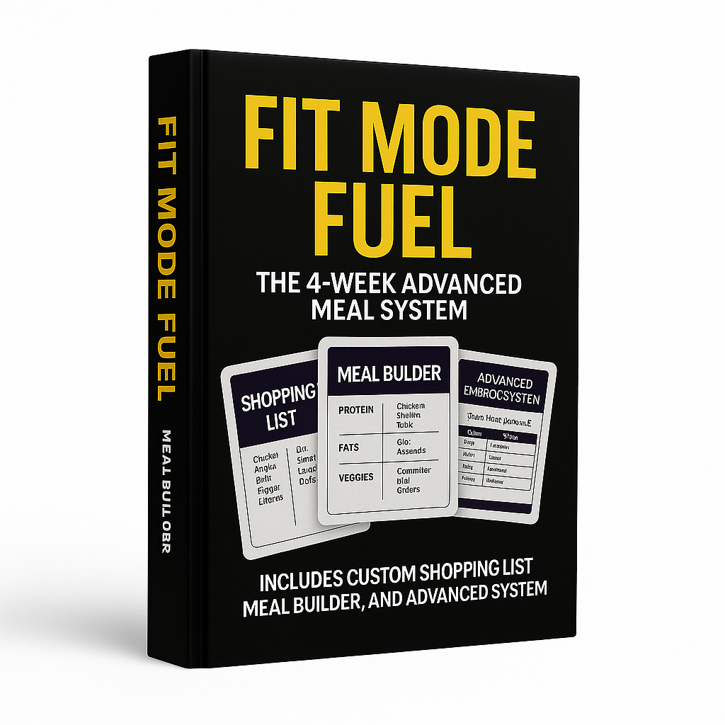 3D hardcover mockup of the Fit Mode Fuel ‘4-Week Advanced Meal System’ ebook, featuring custom shopping lists, a protein–fat–veggie meal builder, and advanced portion guides on a clean white background — a premium digital meal planning system for fat loss, lean muscle, and simplified nutrition.