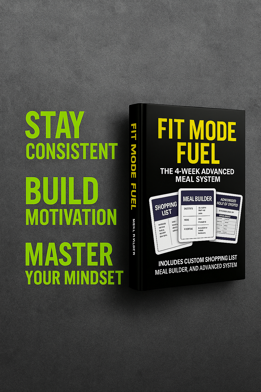 Fit Mode Fuel ‘4-Week Advanced Meal System’ 3D mockup on a dark textured background with motivational phrases ‘Stay Consistent, Build Motivation, Master Your Mindset.’ Includes previews of the shopping list, meal builder pages, and advanced meal-planning system—designed to help busy people eat smarter and transform their body with simple, science-based nutrition.