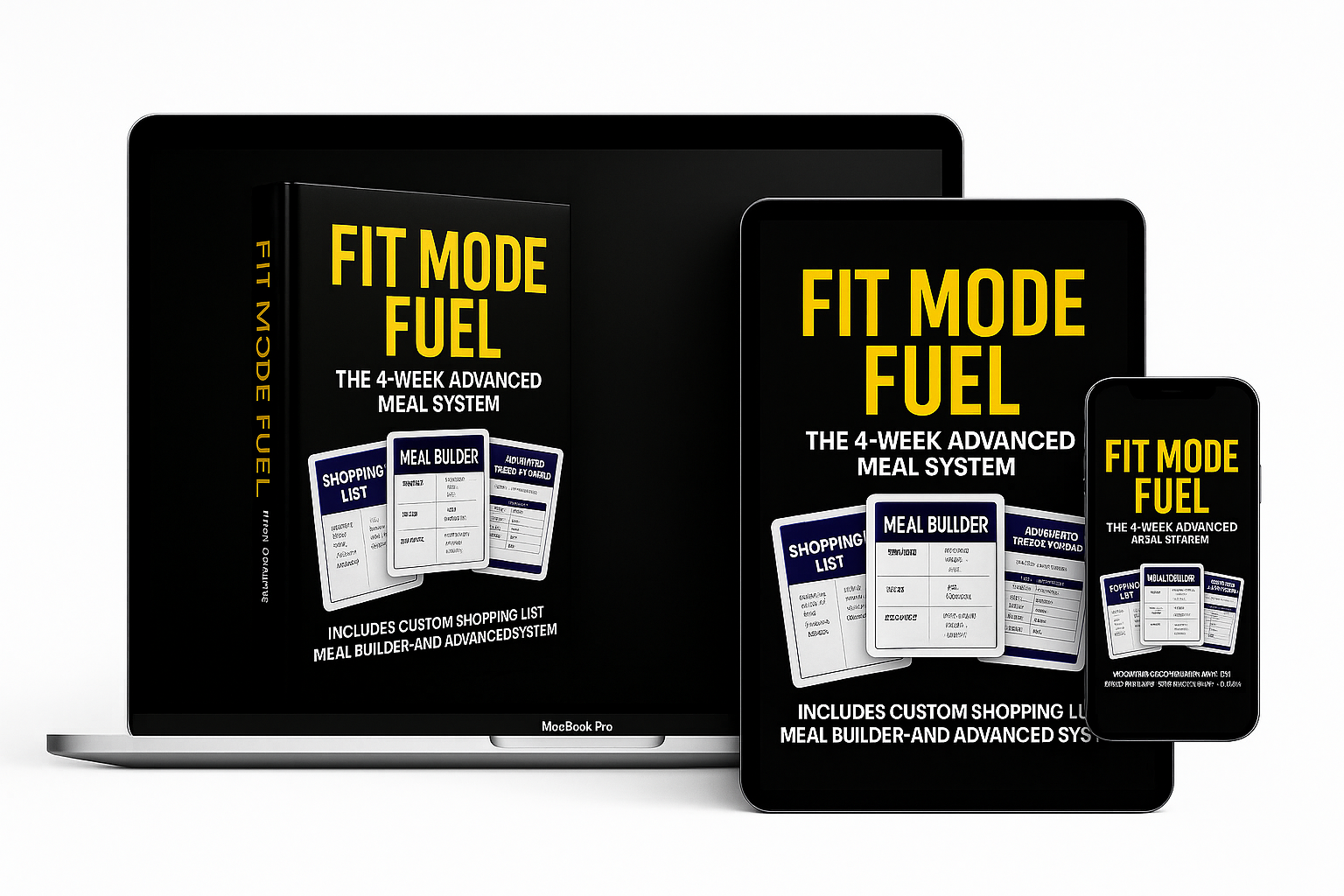 Fit Mode Fuel ‘4-Week Advanced Meal System’ displayed on laptop, tablet, and smartphone — showcasing the custom shopping list, meal builder, and advanced portion-tracking system. A science-based digital meal system designed to simplify nutrition, support fat loss, and help busy people eat smarter with zero guesswork.