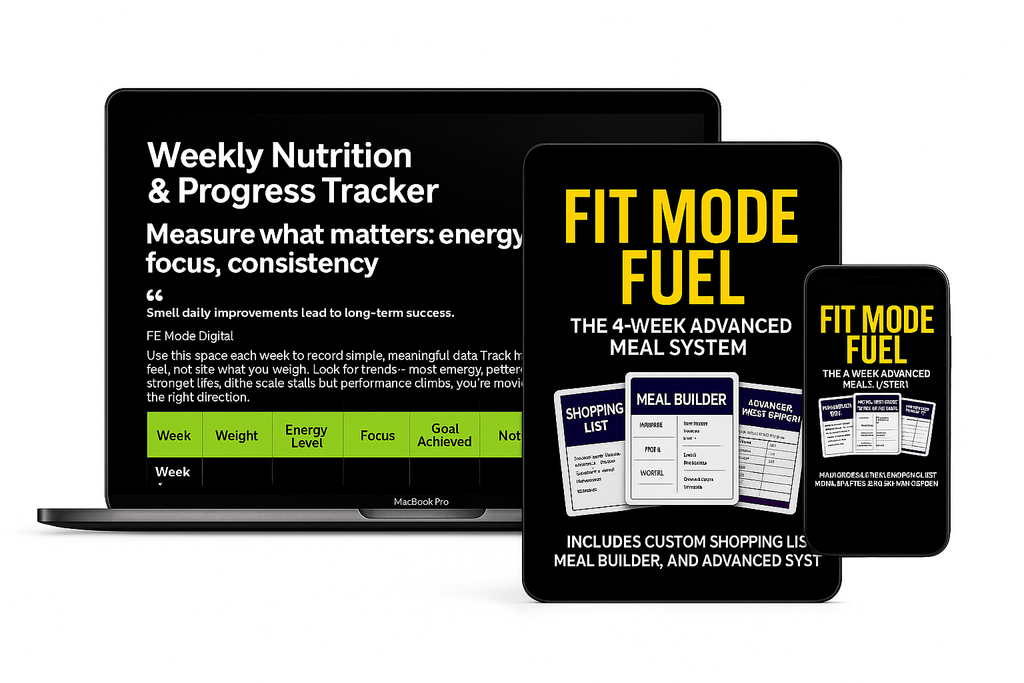 Fit Mode Fuel 4-Week Advanced Meal System displayed on laptop, tablet, and smartphone — featuring the Weekly Nutrition & Progress Tracker, custom Meal Builder, and printable Shopping List. A multi-device digital meal planning system designed to help busy people improve energy, consistency, and fat loss with simple, science-based nutrition tools.