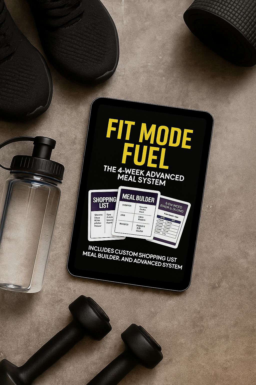 Fit Mode Fuel – 4-Week Advanced Meal System Tablet Mockup with Workout Gear (Meal Builder & Shopping List Preview)
