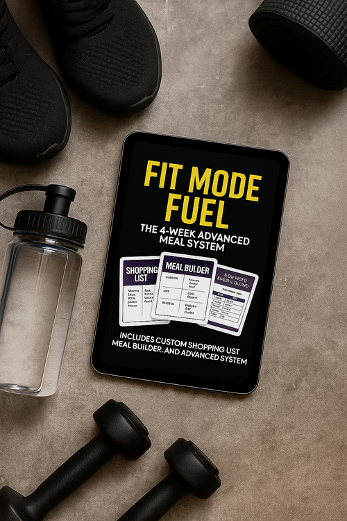 Fit Mode Fuel – 4-Week Advanced Meal System Tablet Mockup with Workout Gear (Meal Builder & Shopping List Preview)

