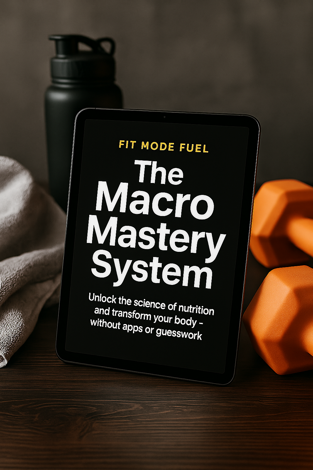 Tablet displaying the Macro Mastery System by Fit Mode Fuel surrounded by fitness equipment — a lifestyle mockup highlighting a science-based macro nutrition ebook designed to help users track macros, stay consistent, and transform their body without apps or guesswork.