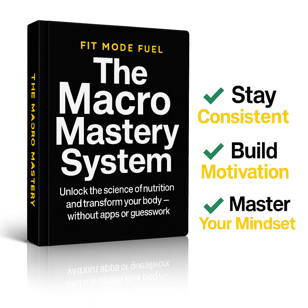 The Macro Mastery System ebook by Fit Mode Digital shown as a premium hardcover with benefits including staying consistent, building motivation, and mastering your mindset — a science-based nutrition guide for body transformation without apps or guesswork.
