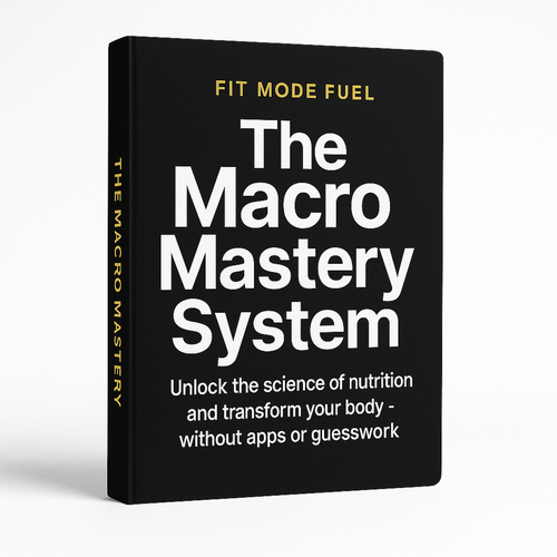 3D ebook cover of Fit Mode Fuel’s ‘The Macro Mastery System,’ a science-based nutrition guide designed to simplify macro tracking and help transform your body without apps or guesswork.