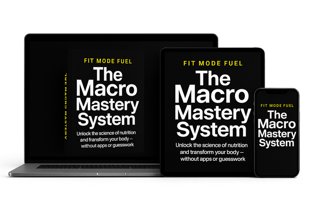 The Macro Mastery System by Fit Mode Fuel displayed on laptop, tablet, and smartphone — a science-based digital nutrition guide that simplifies macro tracking and helps transform your body without apps or guesswork.