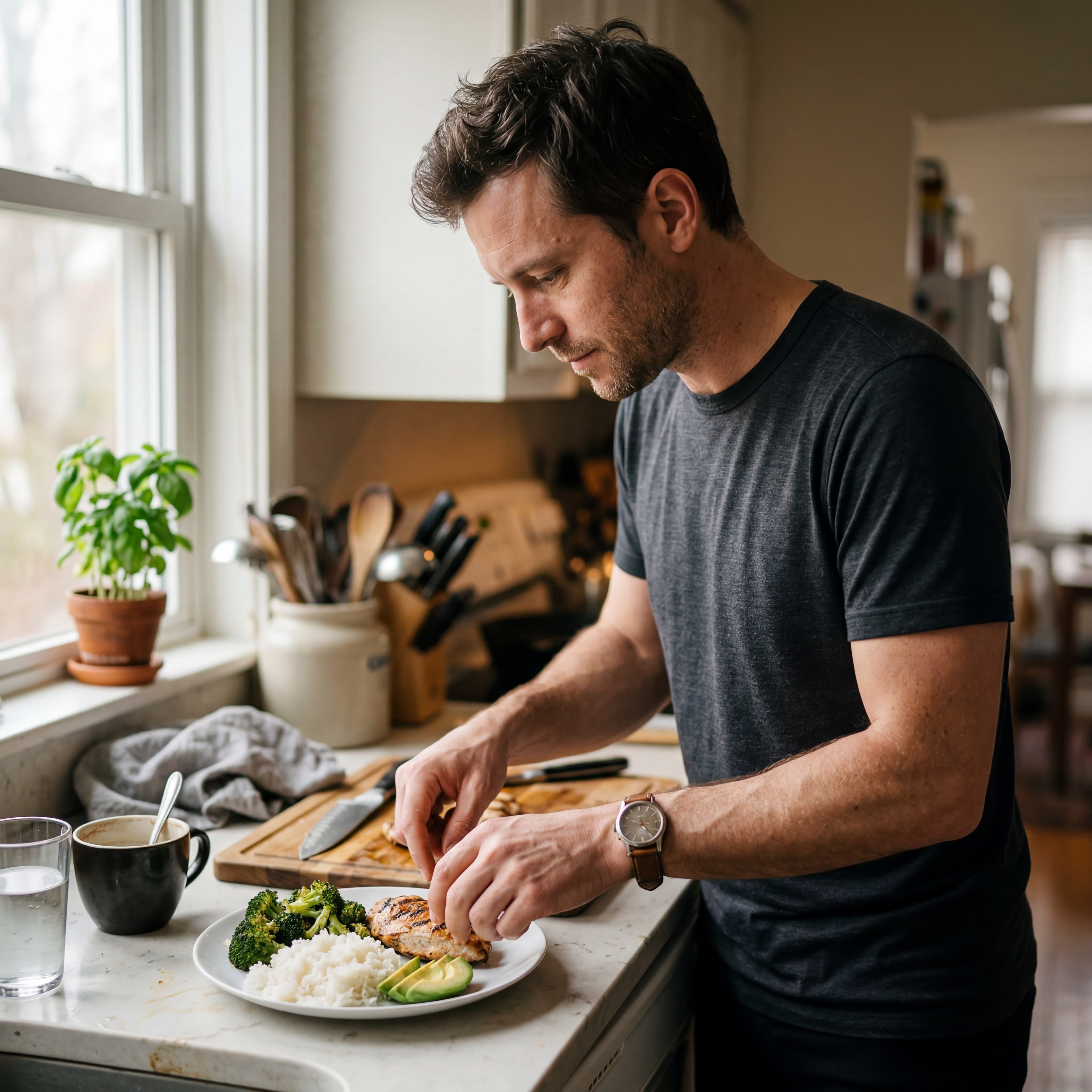 Busy professional preparing a healthy balanced meal at home using the Fit Mode Fuel 4-week meal plan