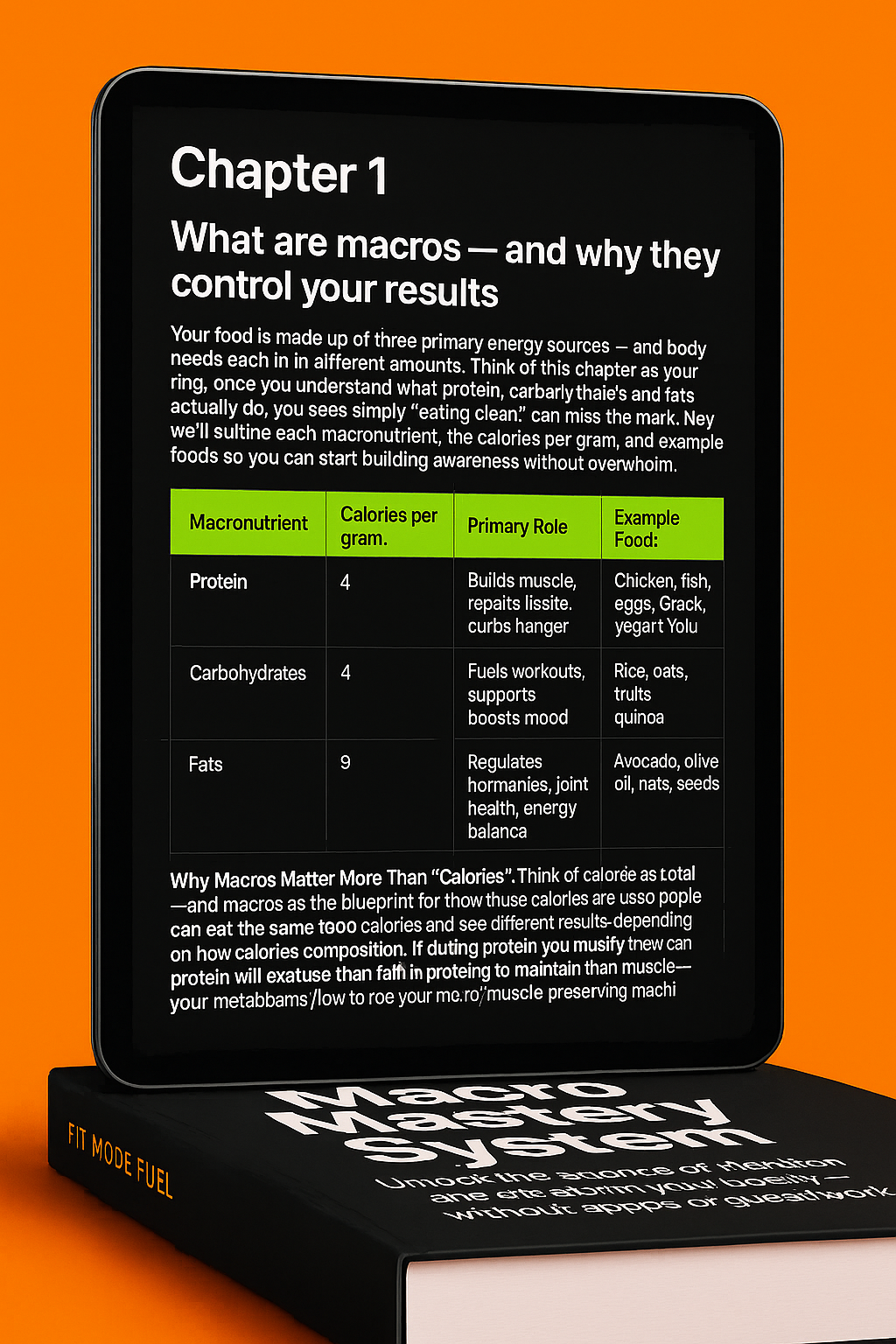 Tablet displaying a chapter from the Macro Mastery System by Fit Mode Fuel, showing a detailed macronutrient breakdown chart and nutrition explanations on an orange background — a digital fitness and nutrition ebook teaching macros, calorie awareness, and science-based body transformation.