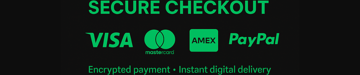 Secure checkout banner featuring Visa, Mastercard, AMEX, and PayPal logos with encrypted payment and instant digital delivery.